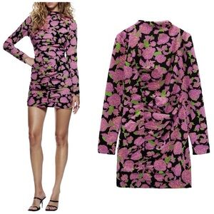 Zara Floral Draped Ruched Long Sleeve Bodycon Mini Dress